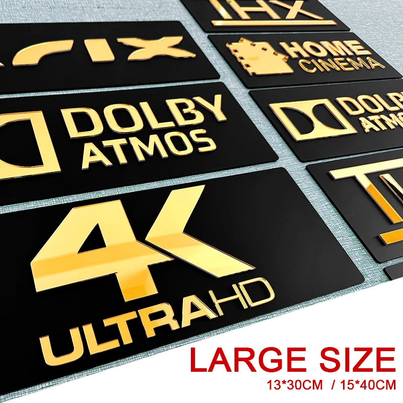 Home Cinema Dts X - โฮมซีนีม่า ป้ายโฮมเธียเตอร์ กระจกสีทอง ห้องชมภาพยนตร์ 3D 4K