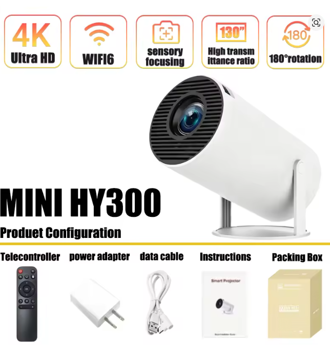 Home Cinema Compact - โปรเจคเตอร์พกพา Mini HY300 ระบบแอนดรอยด์ 11 ความละเอียด